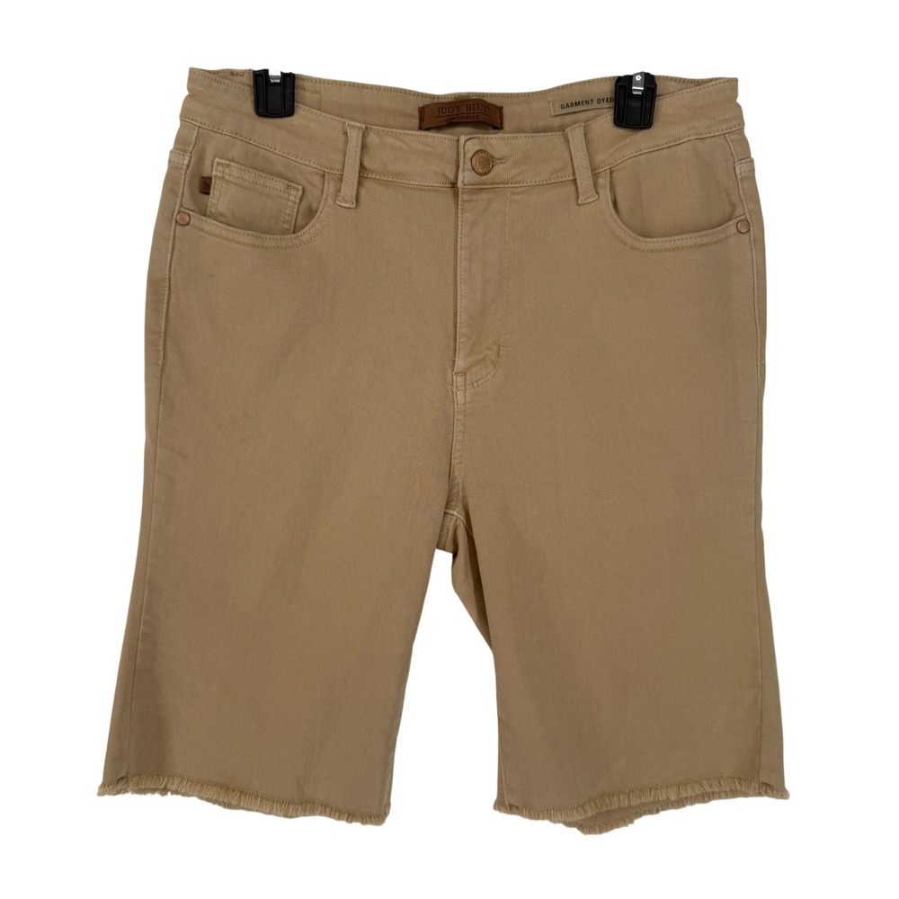 Judy Blue Denim Bermuda Shorts Womens XL Tan Garment Dyed Raw Hem
